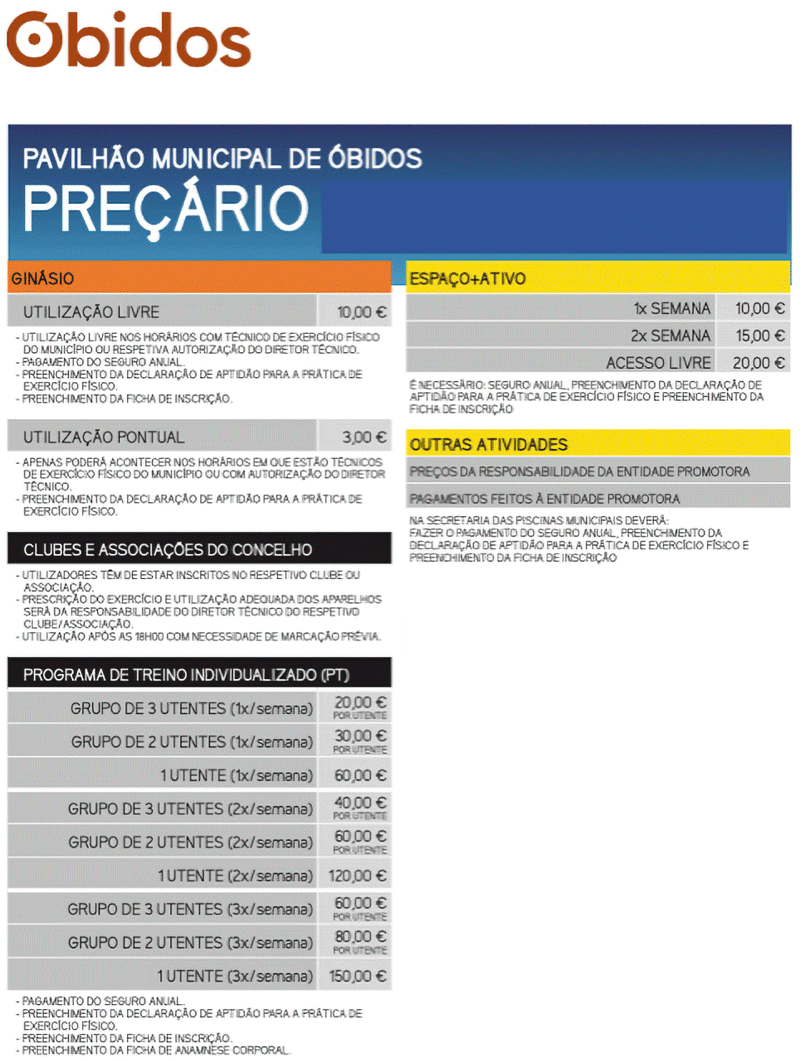 Preçário do Pavilhão Municipal