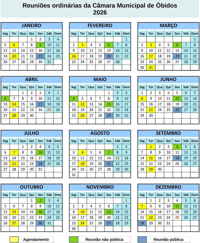 Calendario das Reuni&otilde;es de C&acirc;mara 2026